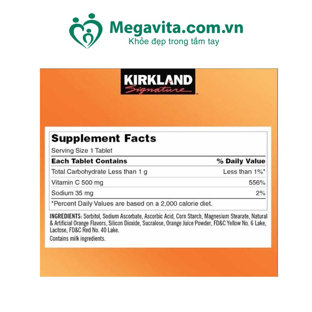 Thành phần Viên Nhai Kẹo Ngậm Bổ Sung Vitamin C Kirkland Signature Vitamin C 500mg 500 Viên