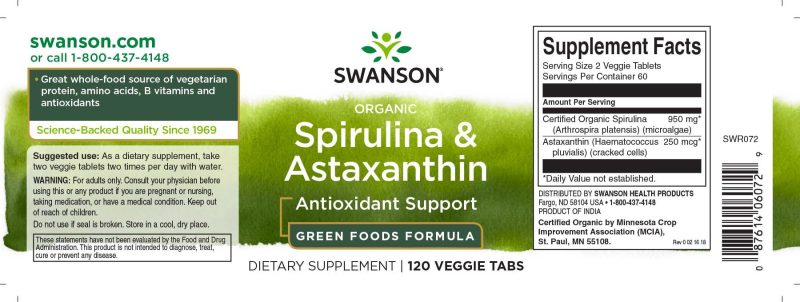 Swanson Organic Spirulina & Astaxanthin 120 Viên Từ Mỹ