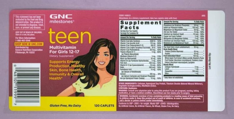 Thành Phần Viên Uống Bổ Sung Vitamin Tổng Hợp Cho Nữ Từ 12 Đến 17 Tuổi GNC Teen Multivitamin For Girls 120 Viên