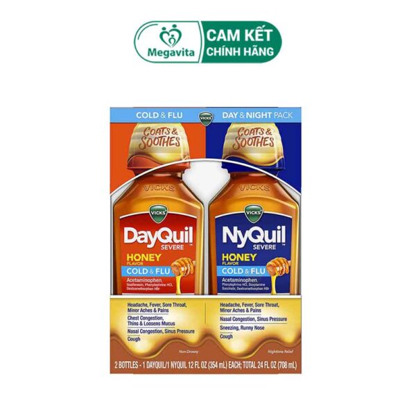 Siro Vicks DayQuil & NyQuil Severe Honey Cold & Flu 2 Chai x 354ml Giảm Đau Hạ Sốt Hương Mật Ong
