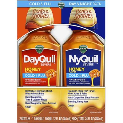 Siro Vicks DayQuil & NyQuil Severe Honey Cold & Flu 2 Chai x 354ml Giảm Đau Hạ Sốt Hương Mật Ong
