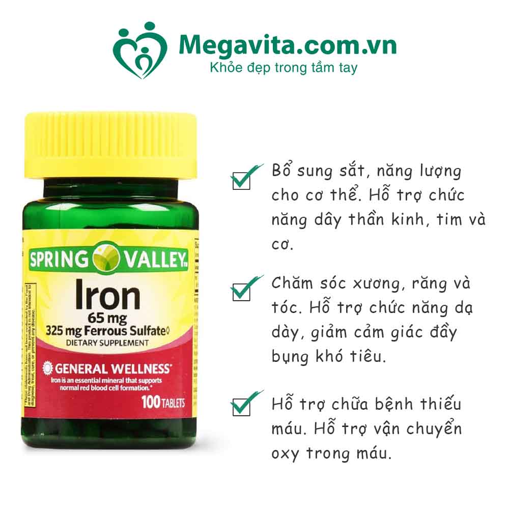 Viên Uống Spring Valley Iron 65mg 100 Viên Bổ Sung Sắt